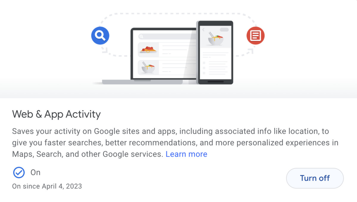 Turning off web and app activity in Google Chrome