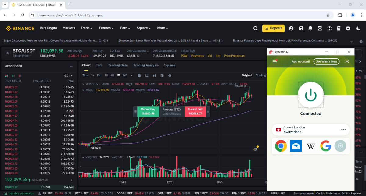 Trade on Binance with ExpressVPN