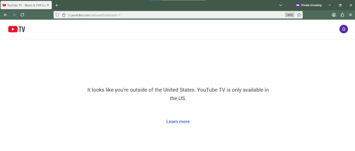 YouTube TV geo-block error message