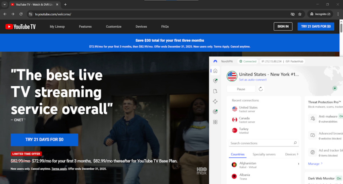 Watch YoutubeTV in Canada with a VPN