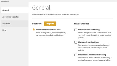 Adblock plus free extension settings page on google chrome