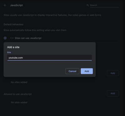 Blocking JavaScript settings