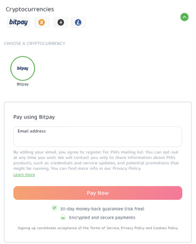Buying PIA with cryptocurrencies