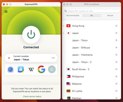 ExpressVPN’s app and list of servers