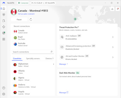 NordVPN connected to Canada