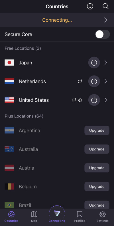 free version on ProtonVPN on iOS