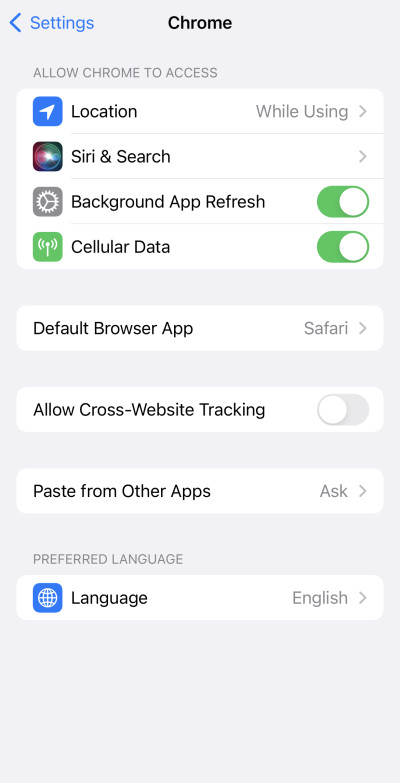 Google Chrome location settings on the iPhone