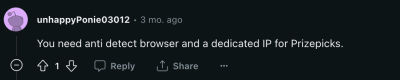 Reddit comment on a dedicated IP for PrizePicks