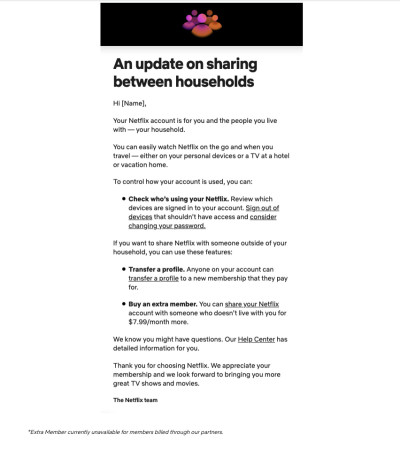 Netflix’s new policies regarding password sharing.