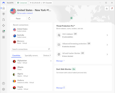 NordVPN connected to the US server
