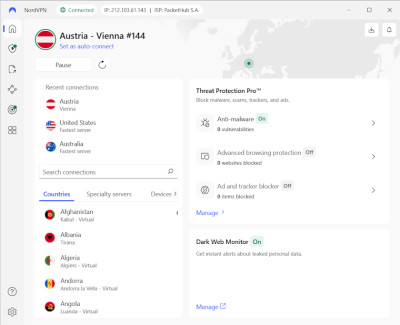 NordVPN connected to Austria