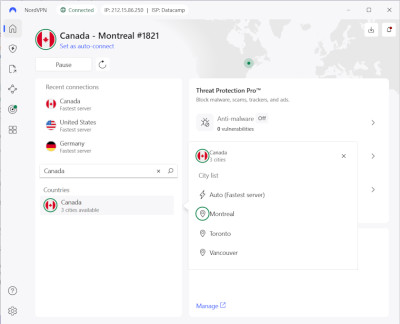 NordVPN server locations in Canada