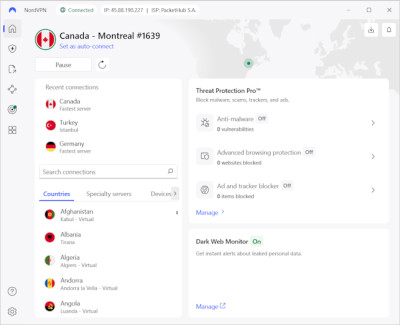 NordVPN connected to Canada