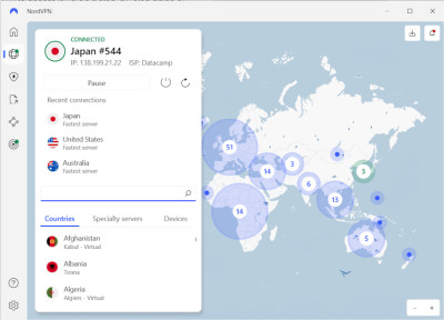 NordVPN connected to Japan server
