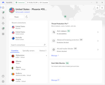 NordVPN connected to Phoenix US