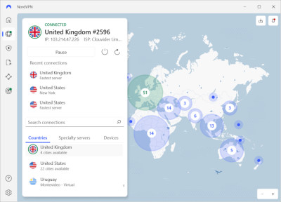 NordVPN connected to the UK
