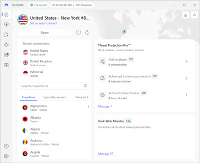NordVPN connected to the US server