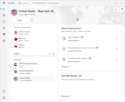 NordVPN connected to US