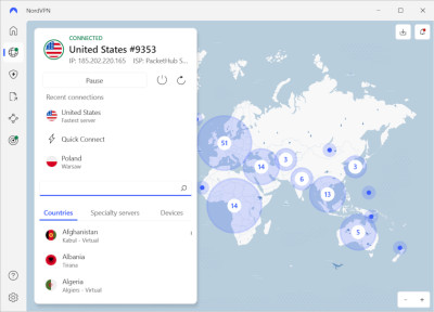 NordVPN connected to the US server
