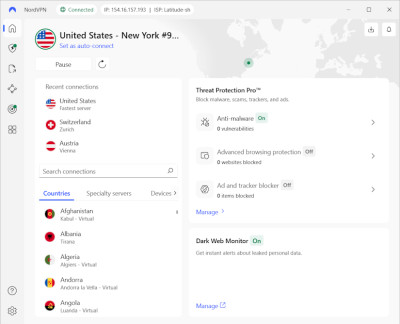 NordVPN connected to the US server
