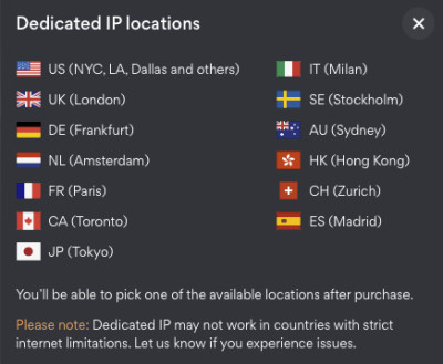 NordVPN dedicated IP locations