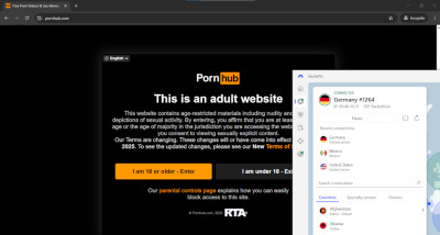 Age verification prompt on Pornhub and an opened NordVPN app in the corner
