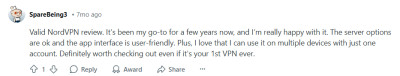 Reddit user opinion on NordVPN