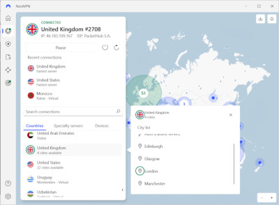 NordVPN connected to the UK server