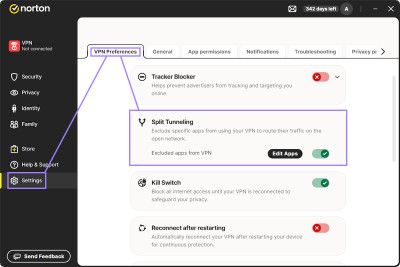 Norton VPN split tunneling