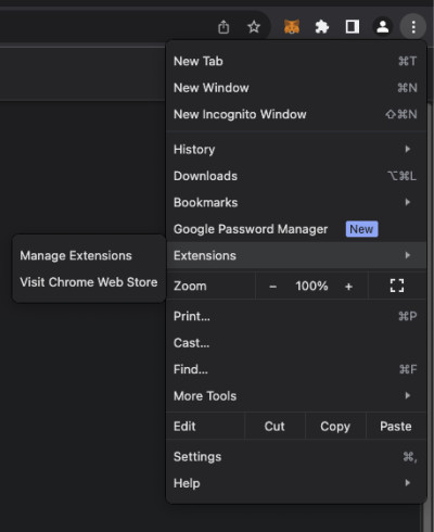 opening the extensions section in chrome browser