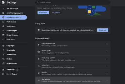 Site settings in Chrome