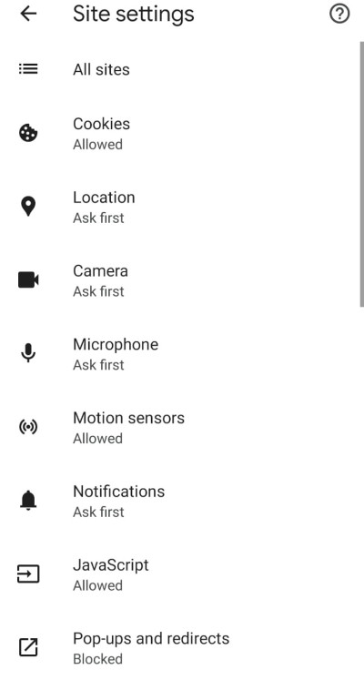 Site settings on Google Chrome