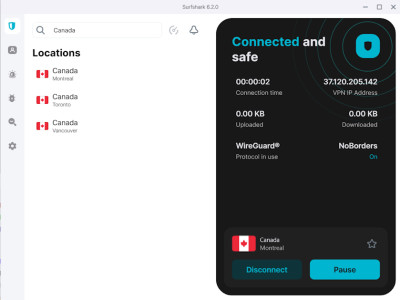 Connected to a server in Canada with Surfshark