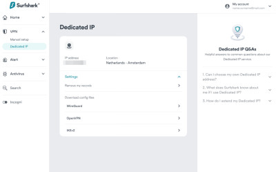 Surfshark dedicated IP menu