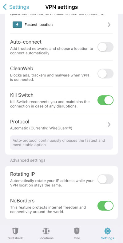 Surfshark features on iPhone
