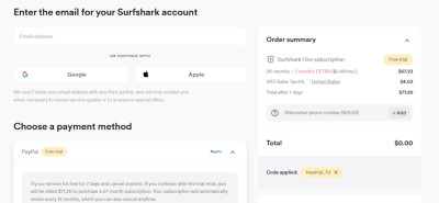 Surfshark free trial checkout