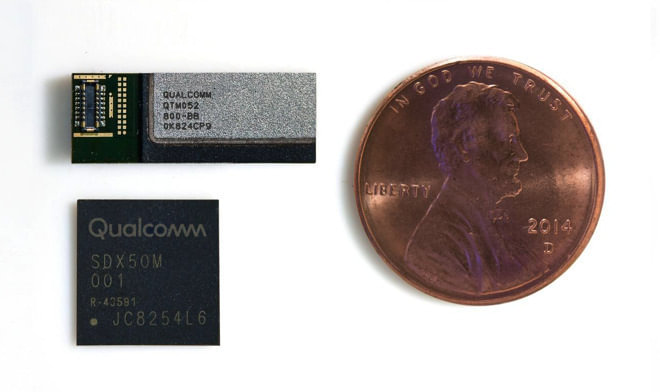 Qualcomm's 5G mmWave module and antenna for signal reception, compared in size to a penny